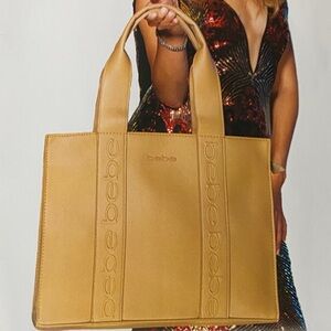 Bebe Tan Embossed Logo Tote